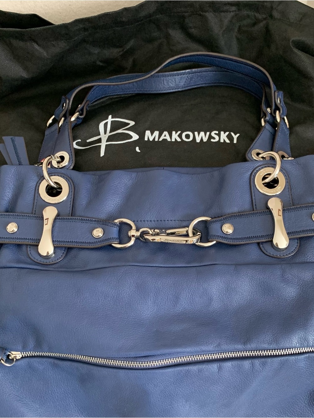 B Makowsky Navy Leather textured Tote Shoulder Bag Y2 K - Picture 10 of 12